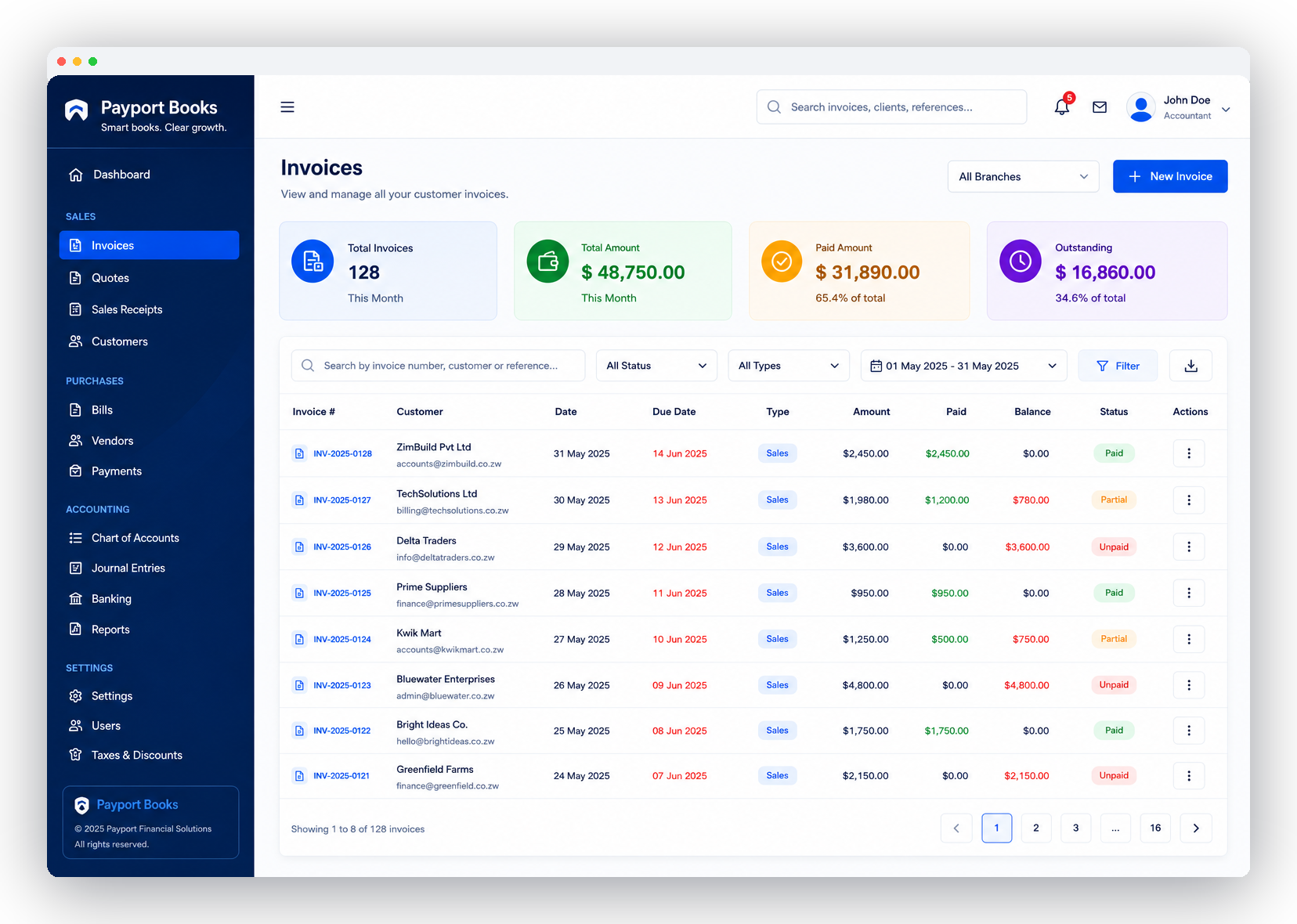 Payport Books — invoice list
