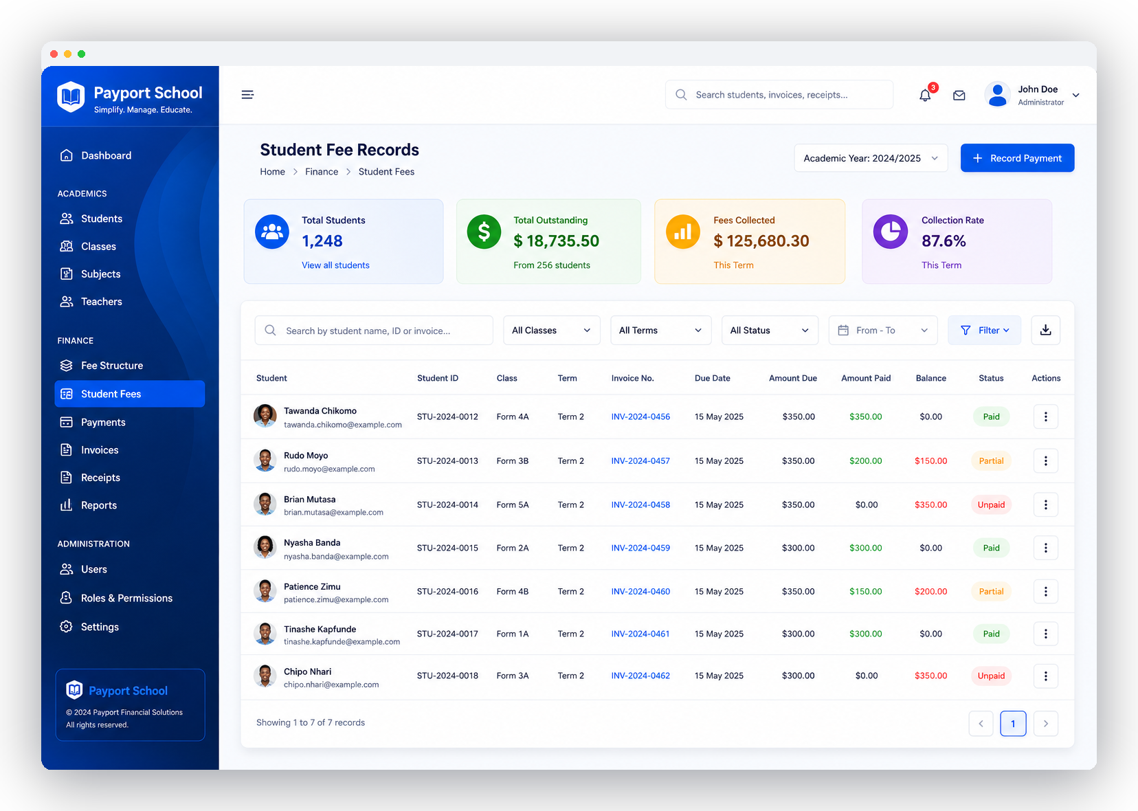 Payport School — student fee record